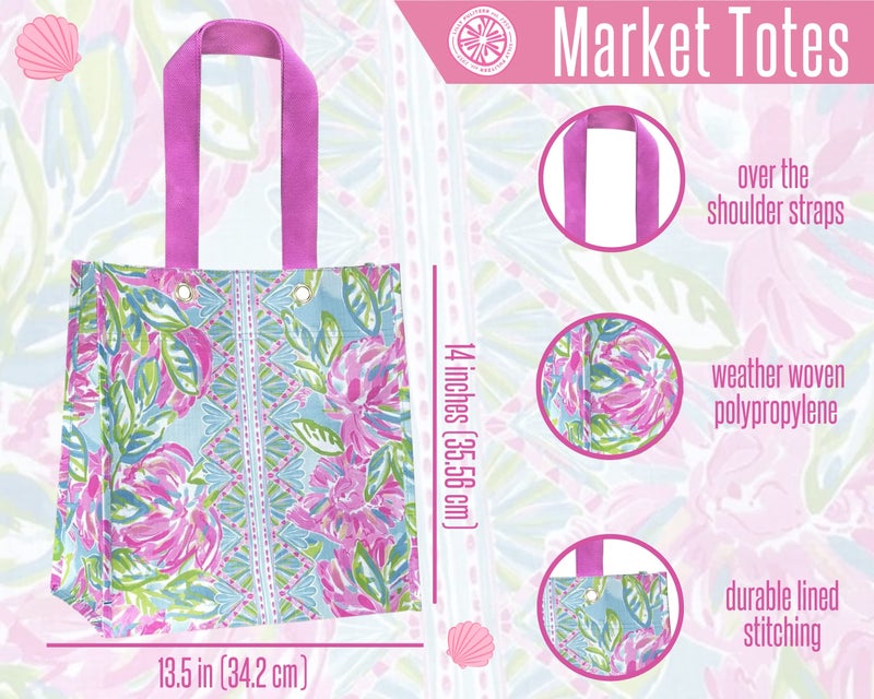 Lilly Pulitzer Pink/Green Market Shopper Bag, Reusable Grocery Tote with Comfortable Shoulder Straps, Totally Blossom - Image 2